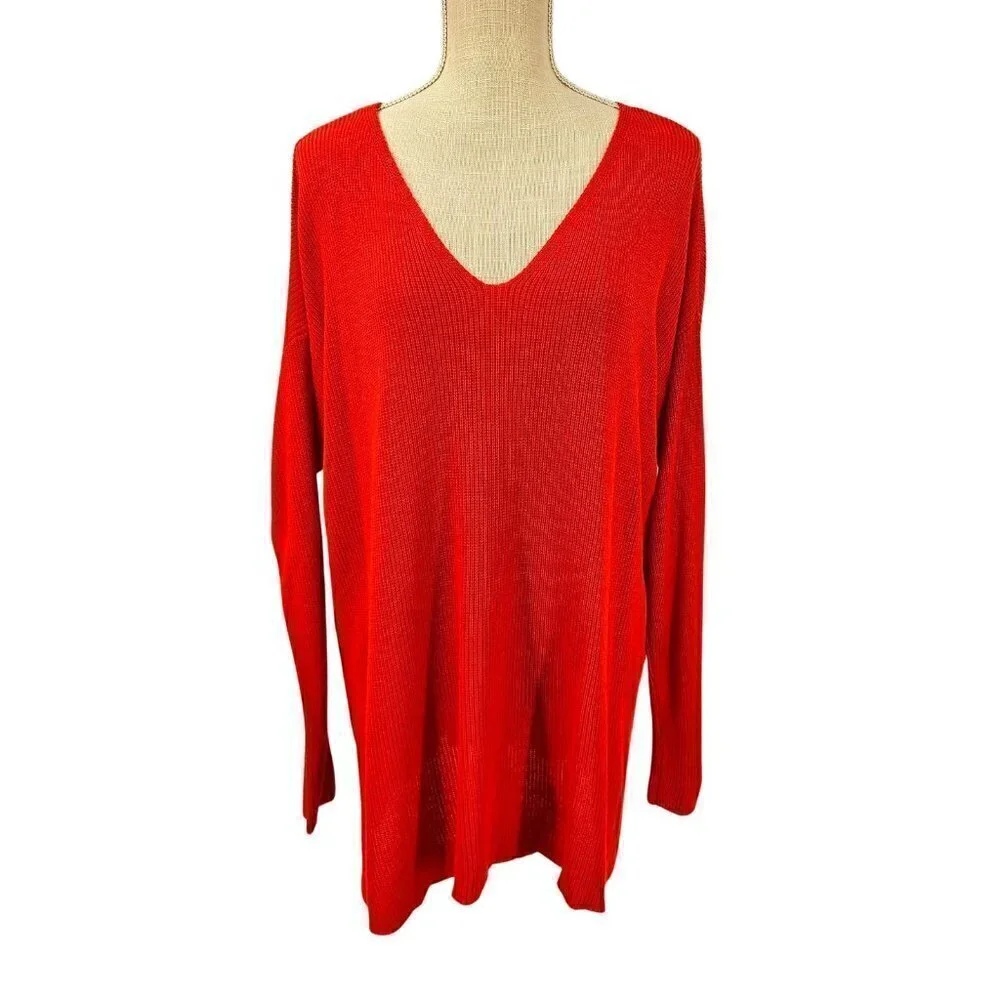 Eileen Fisher Tencel V-Neck Sweater Orange Women's L Knit Career Lounge Wear